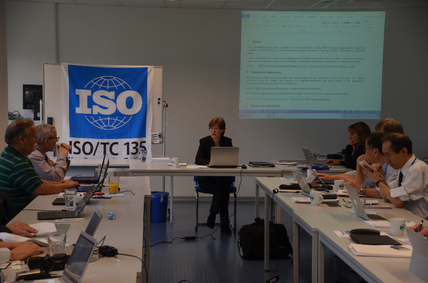 Sharon Bond du CINDE et présidente du comité ISO/TC 135 dirige une discussion lors d’une réunion. 