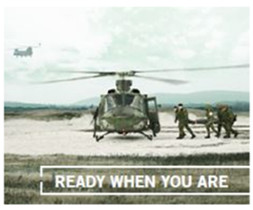 National Defense recruitment campaign showing men carrying a stretcher to a helicopter. Text in image reads 'Ready when you are'