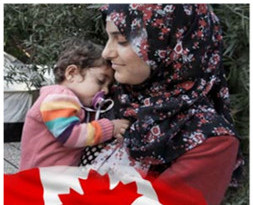 Citoyenneté et Immigration Canada et montre une femme syrienne qui tient son enfant; un drapeau du Canada est superposé sur l’image