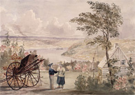 Watercolour of a farmer and his wife standing beside their carriage and house on the River St. Lawrence, 1841