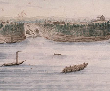 Aquarelle représentant les écluses du Canal Rideau à Bytown, avec la Colline des Casernes, futur emplacement de la Colline du Parlement, de John Burrows, vers 1832