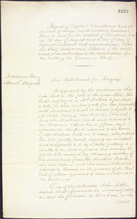 Un rapport de condamnation, endossé par Lord Dalhousie, de Morall Magoon en 1823 pour cause de contrefaçon d'un billet d'échange de la banque de Montréal de £15 à £1500