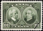 Reproduction d'un timbre de douze cents, mis le 29 juin 1927, reprsentant sir Wilfrid Laurier et sir John A. Macdonald,  partir des photographies de William Topley 
