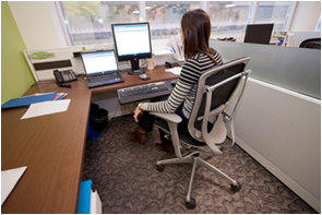 Une employée à partir d'un poste de travail flexible doté de mobilier ergonomique et de petites cloisons vitrées pour optimiser la lumière naturelle, Gatineau (Québec)