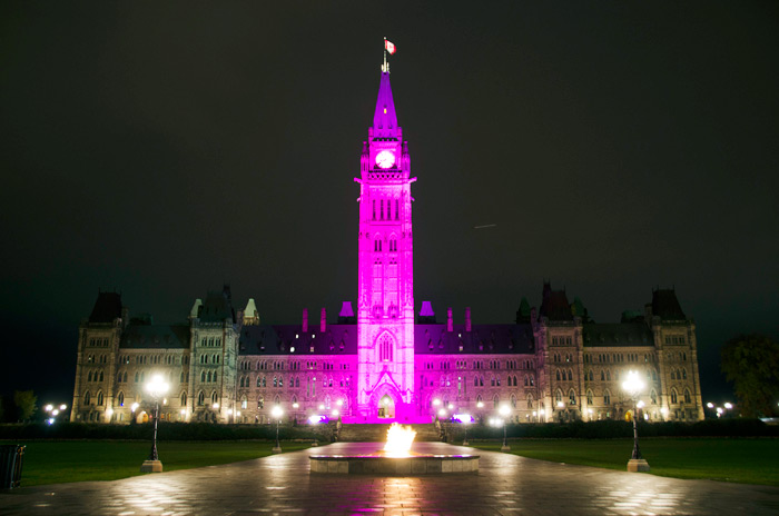 Peace Tower on Parliament Hill lit up in celebration