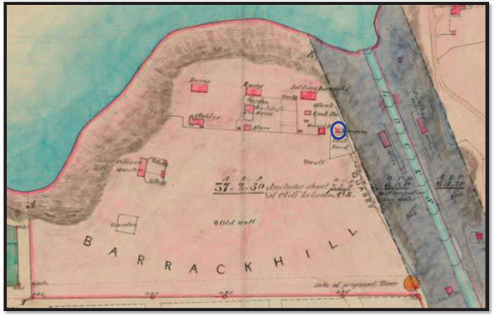 Hand drawn map with a blue circle.