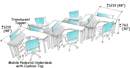 Freehand 3D sketch of a row of Free Address workstations