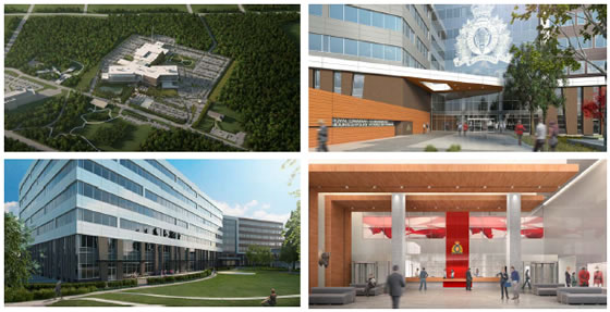 Artist's renderings of future RCMP E Division Headquarters facility (aerial view, entrance, exterior and lobby)