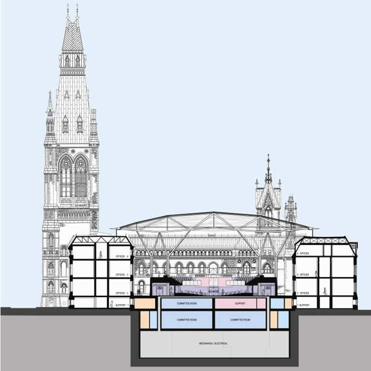 Voir image agrandie du plan de construction d'une coupe transversale de l'édifice de l'Ouest redessiné comprenant la Chambre des communes