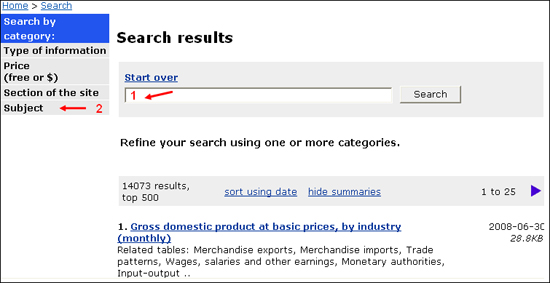 Screen capture: Shows the search box (1) and the Search by category navigation menu (2)