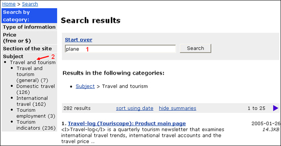 Screen capture: Shows plane in the search box (1) and Travel and tourism in the Search by category navigation menu (2)