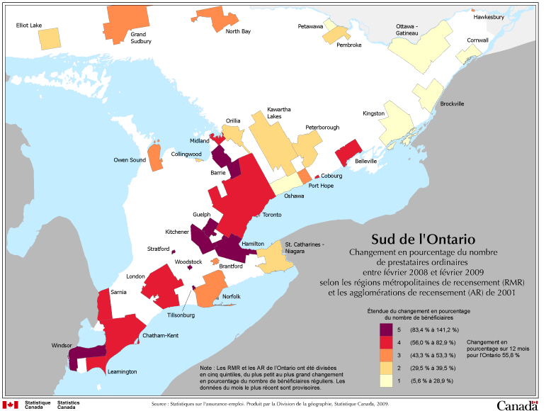 Sud de lOntario : Changement en pourcentage du nombre de prestataires ordinaires entre fvrier 2008 et fvrier 2009 selon les rgions mtropolitaines de recensement (RMR) et les agglomrations de recensement (AR) de 2001