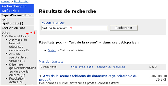 Copie d’écran : Montrant Culture et loisirs sous le rubrique Rechercher par catégorie au menu de navigation et l’expression arts de la scène dans la boîte de recherche (2)