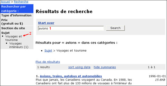 Copie d’écran : Montrant le mot avions dans la boîte de recherche (1) et Voyages et tourisme sous le rubrique Rechercher par catégorie au menu de navigation (2)