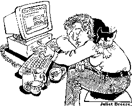 woman asleep at computer with cat on her back, illustration by Juliet Breese