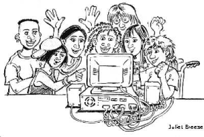 Group of Women & Girls around a Computer: Illustration by Juliet Breese