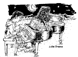 WOMAN PLAYING CYBERPIANO illustration by Juliet Breese