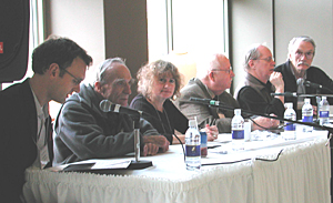 Photo : Poets Laureate luncheon on November 7, 2003. From left: David Schimpky, Canada Council; John Smith, PEI; Sue MacLeod, Halifax; Glen Sorestad, Saskatchewan; Dennis Lee, Toronto; George Bowering, B.C.