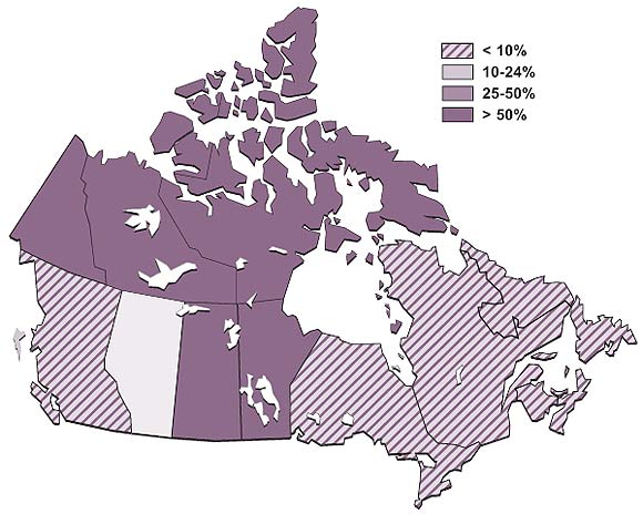 Proportion of total TB cases in Aboriginal peoples by province/territory – Canada: 2004