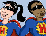 Graphical element depicting two young superheroes
