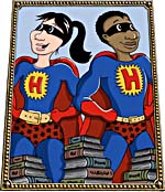 Graphical element depicting two young superheroes 