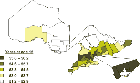 Health-adjusted life expectancy by quintile for males aged 15, Ontario, 1990 