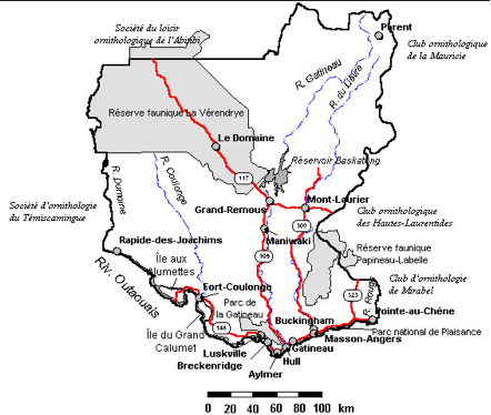 Carte du territoire du Club des ornithologues de l'Outaouais