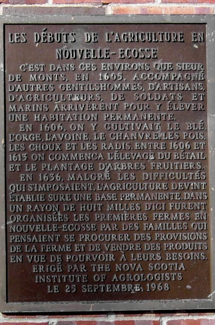 Plaque, 1968: Early Agriculture in Nova Scotia