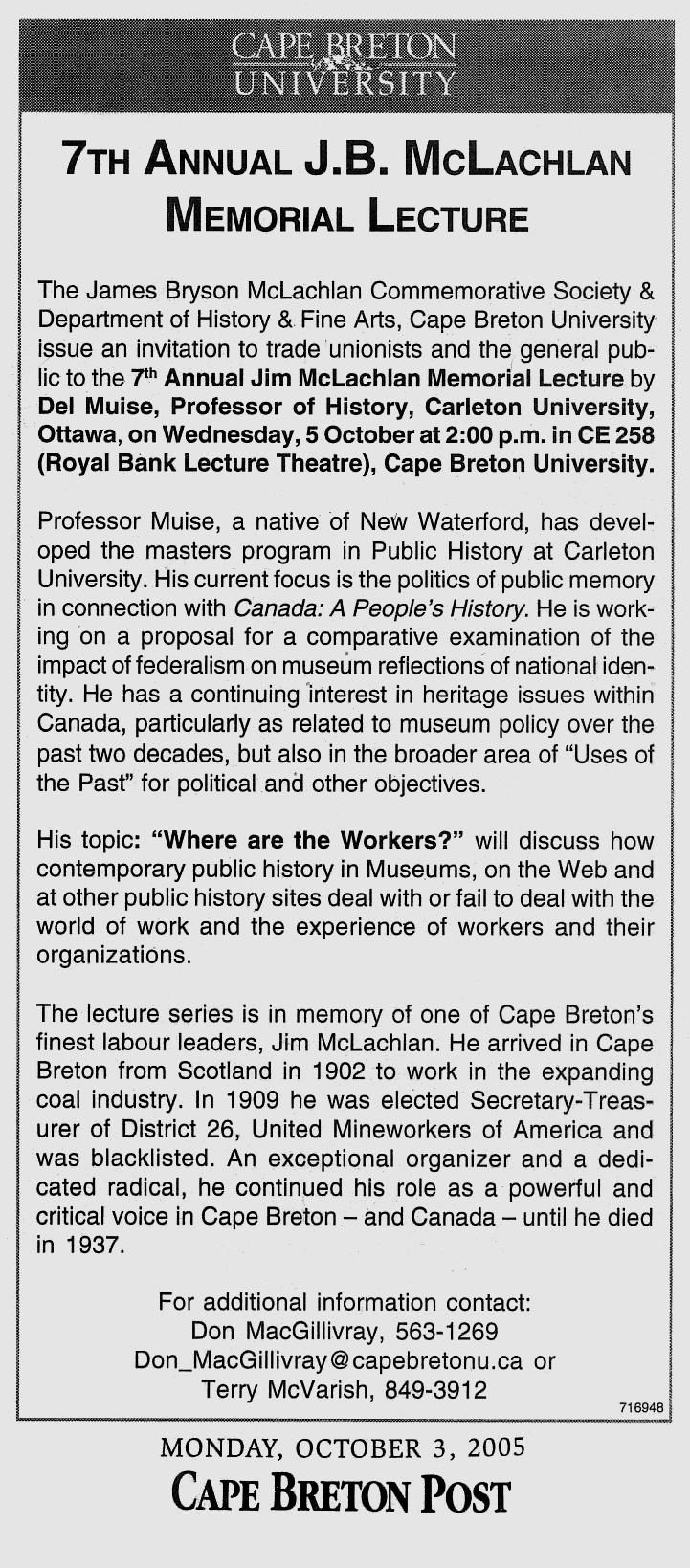 J.B. McLachlan Memorial Lecture, Cape Breton University