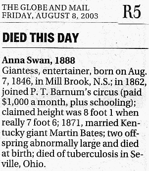 Anna Swan obituary, Globe and Mail, 8 August 2003