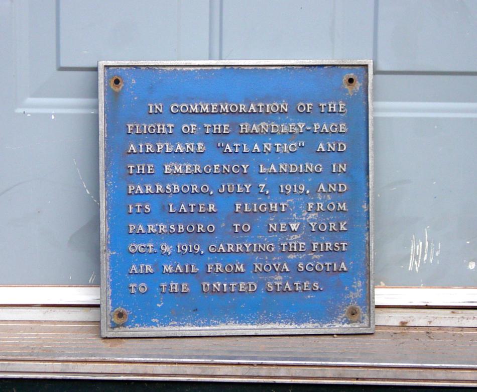 Parrsboro air mail plaque, at the Town Public Works Department