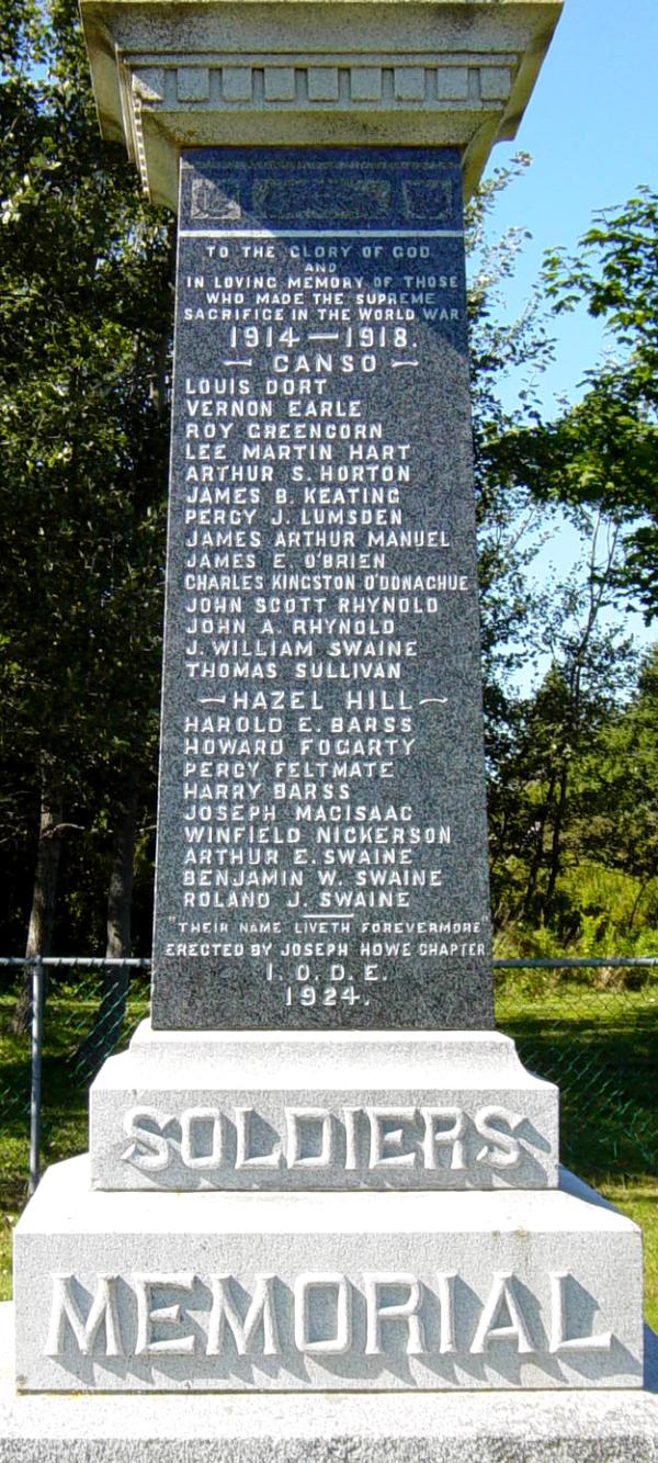 Canso and Hazel Hill, Nova Scotia: war memorial