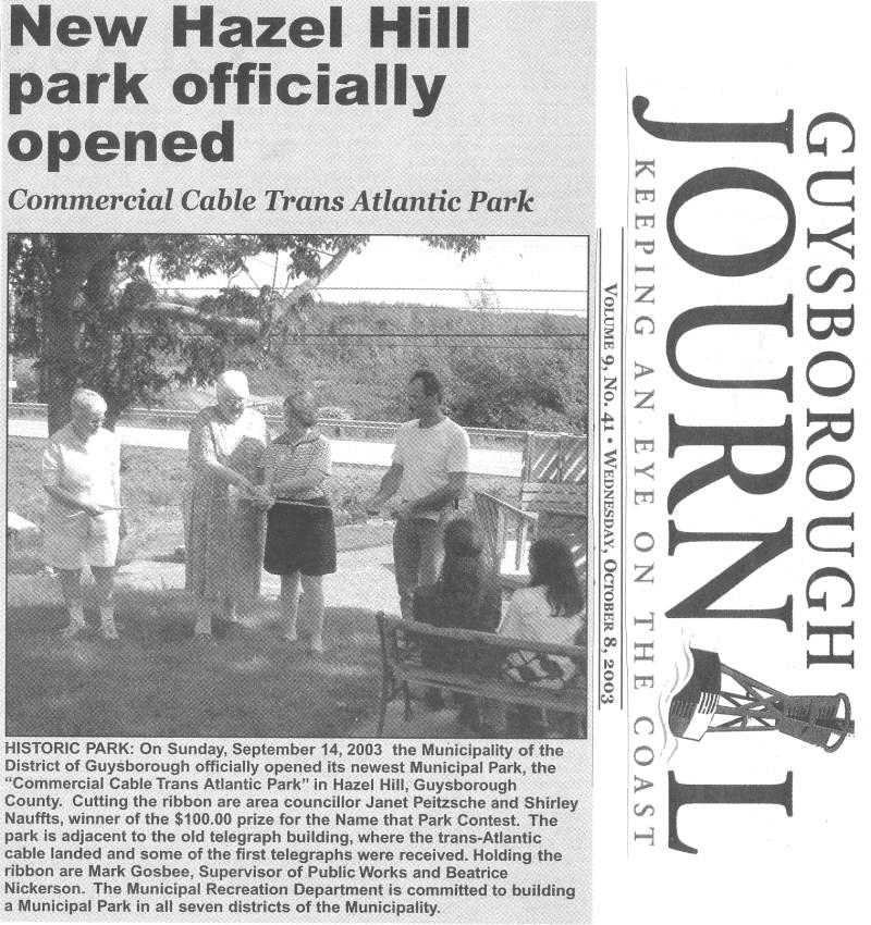 New Hazel Hill Park Officially Opened: Guysborough Journal, 8 Oct. 2003