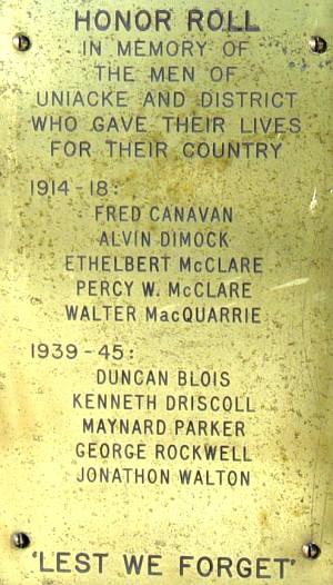 War memorial, Mount Uniacke: plaque