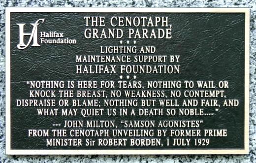 Plaque near the war memorial monument, Halifax