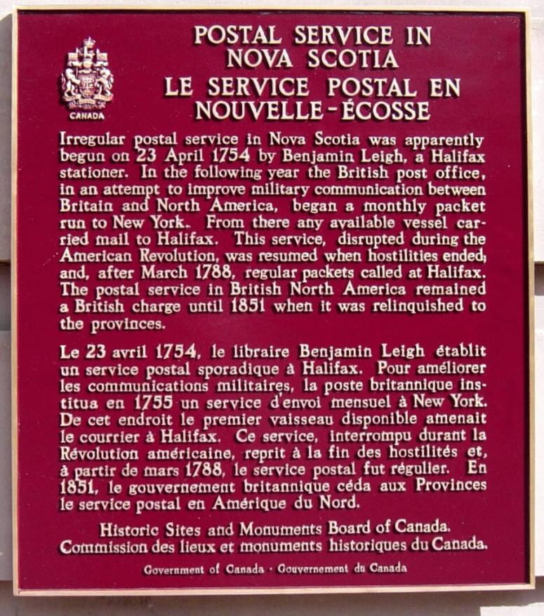 Halifax plaque: Postal Service in Nova Scotia