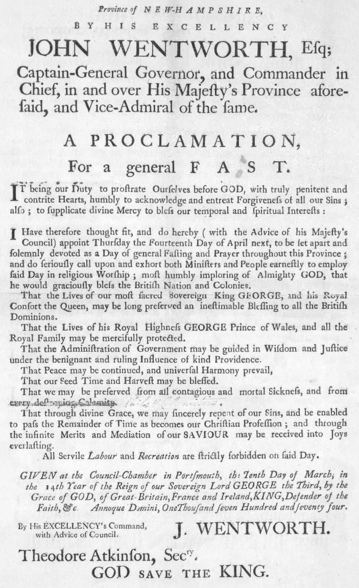 10 March 1774: Province of New-Hampshire, proclamation by His Excellency John Wentworth