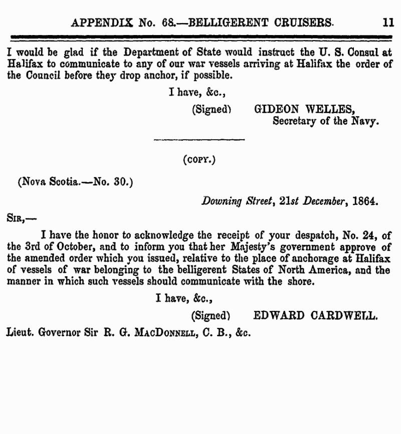 page 11 Appendix 68 – Belligerent Cruisers, Journal & Proceedings 1865, Nova Scotia House of Assembly