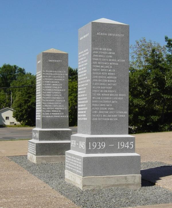 Two memorial monuments at War Memorial gymnasium, Acadia University, Wolfville