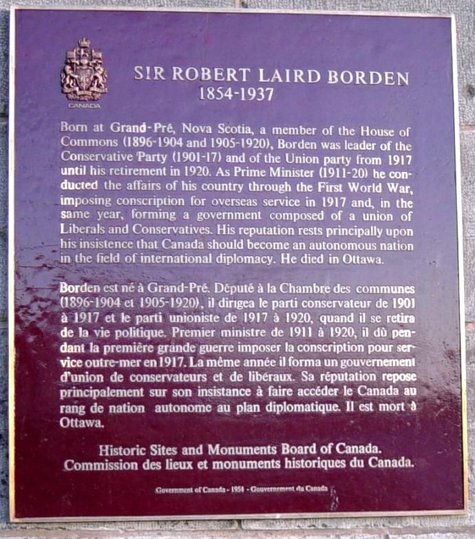 Sir Robert Borden plaque, Grand Pre