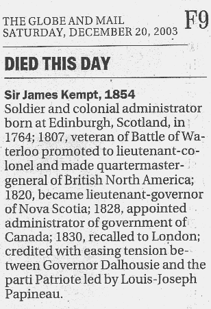Sir James Kempt obituary, Globe and Mail, 20 December 2003