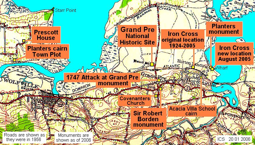 Horton Landing, Nova Scotia: Map showing location of the Planters monument
