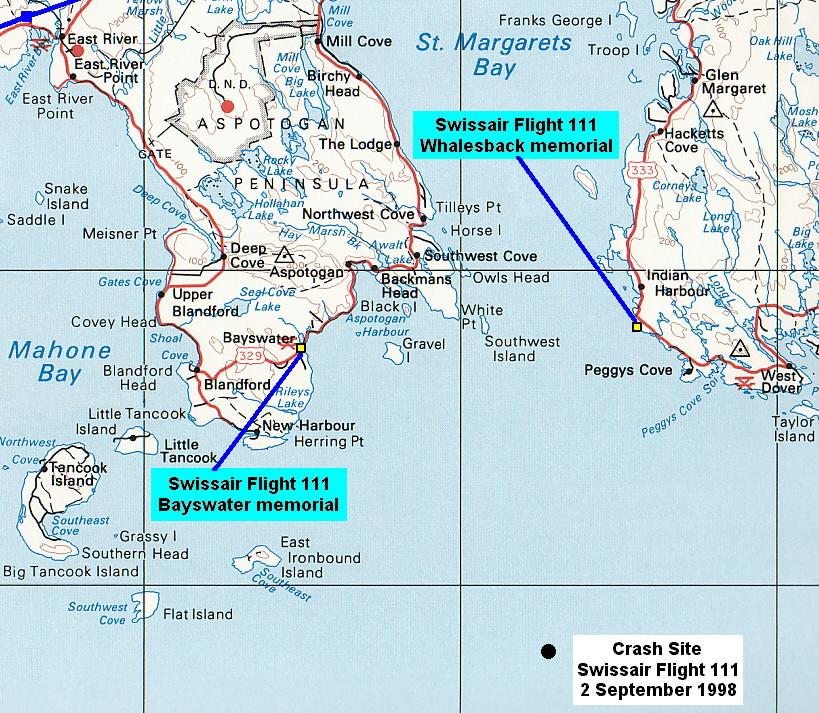 Map showing location of the Swissair Flight 111 memorials