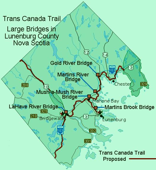 Map showing large bridges on Trans Canada Trail in Lunenburg County