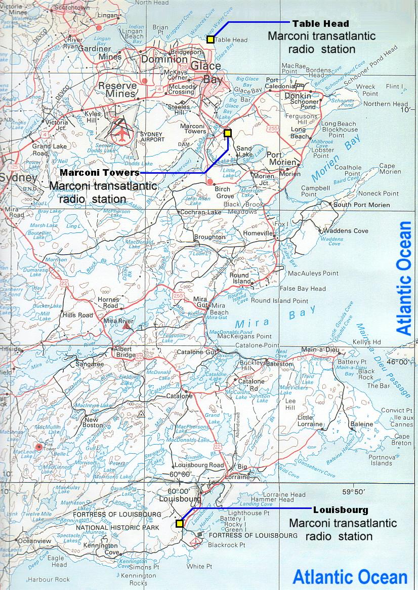 Map showing location of Marconi's Three Transatlantic Radio Stations on Cape Breton Island, Nova Scotia