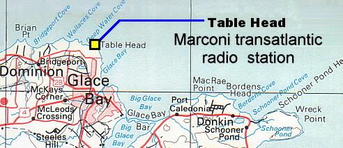 Map showing location of Marconi's Table Head station, Cape Breton Island, Nova Scotia