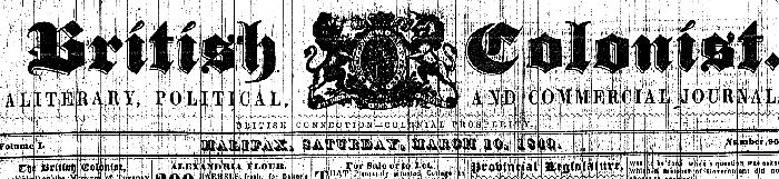 Halifax Colonist banner, 10 March 1849