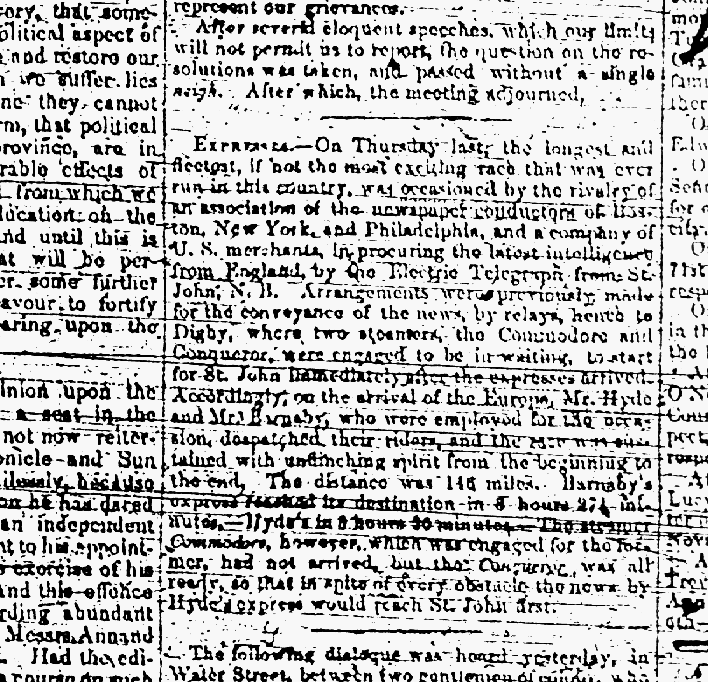 Nova Scotia Pony Express, Acadian Recorder article 10 March 1849
