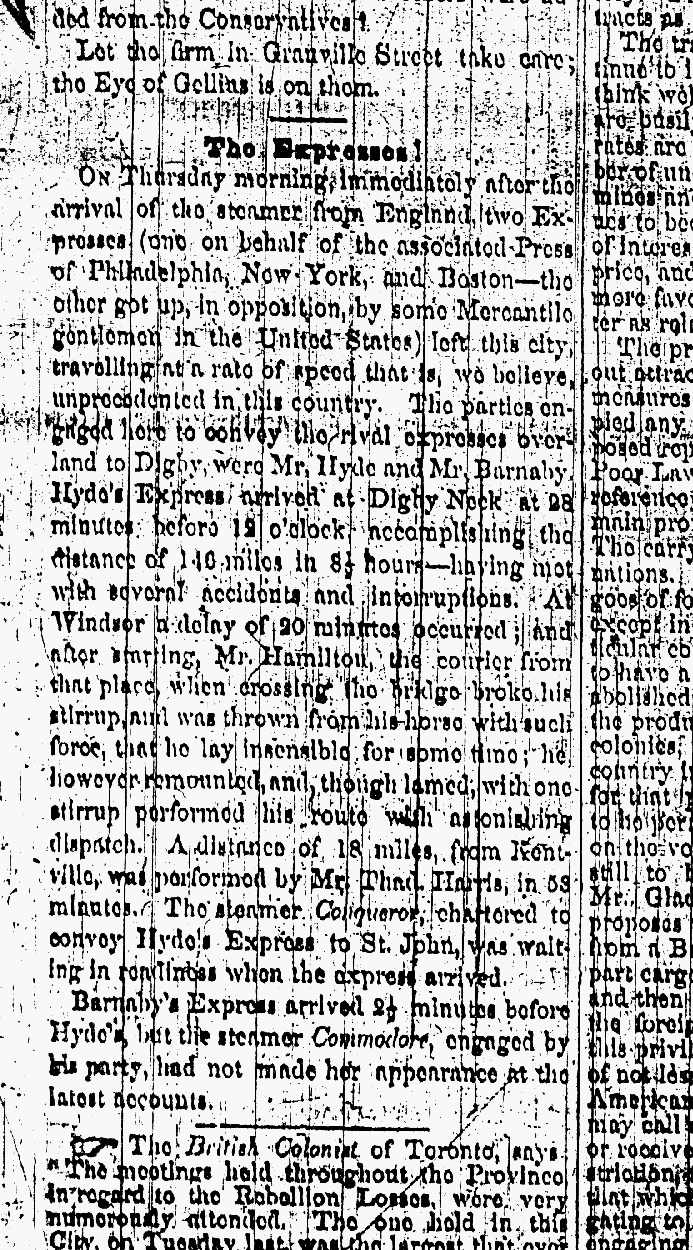 Nova Scotia Pony Express, Colonist article 10 March 1849