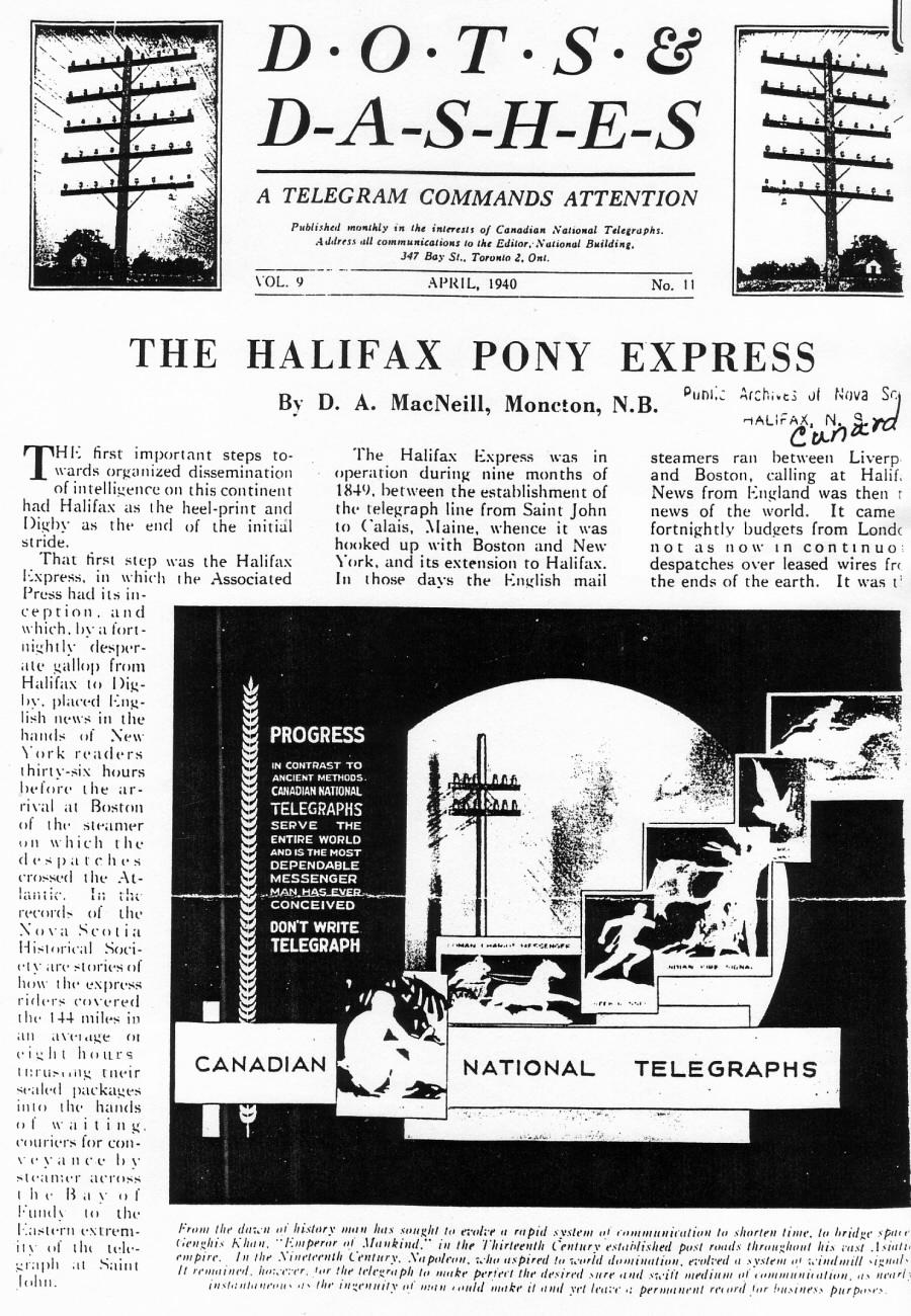 Canadian National Telegraphs, April 1940, Nova Scotia Pony Express